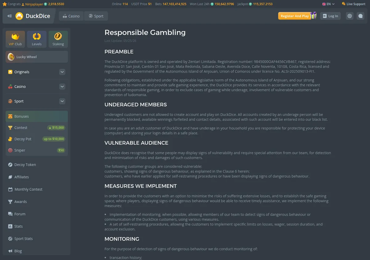 Política de jogo responsável da DuckDice, blocos sobre menores e público vulnerável
