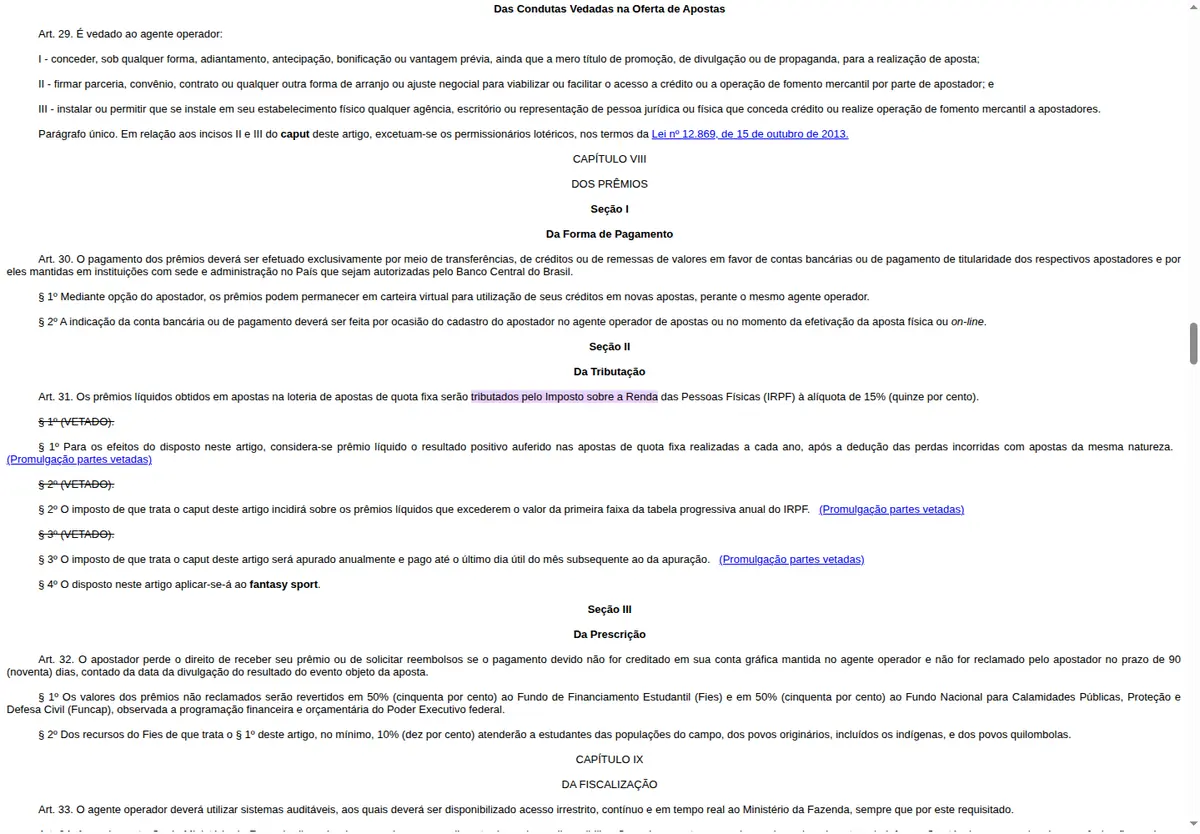 O texto do art. 31 da Lei 14.790/2023 no portal do Planalto, com o caput e os quatro parágrafos