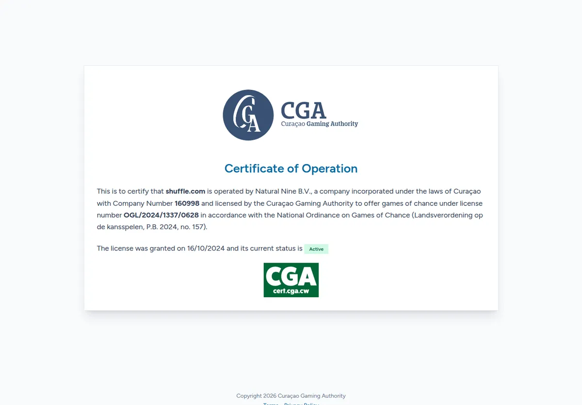 Certificado de operação da Curaçao Gaming Authority para shuffle.com
