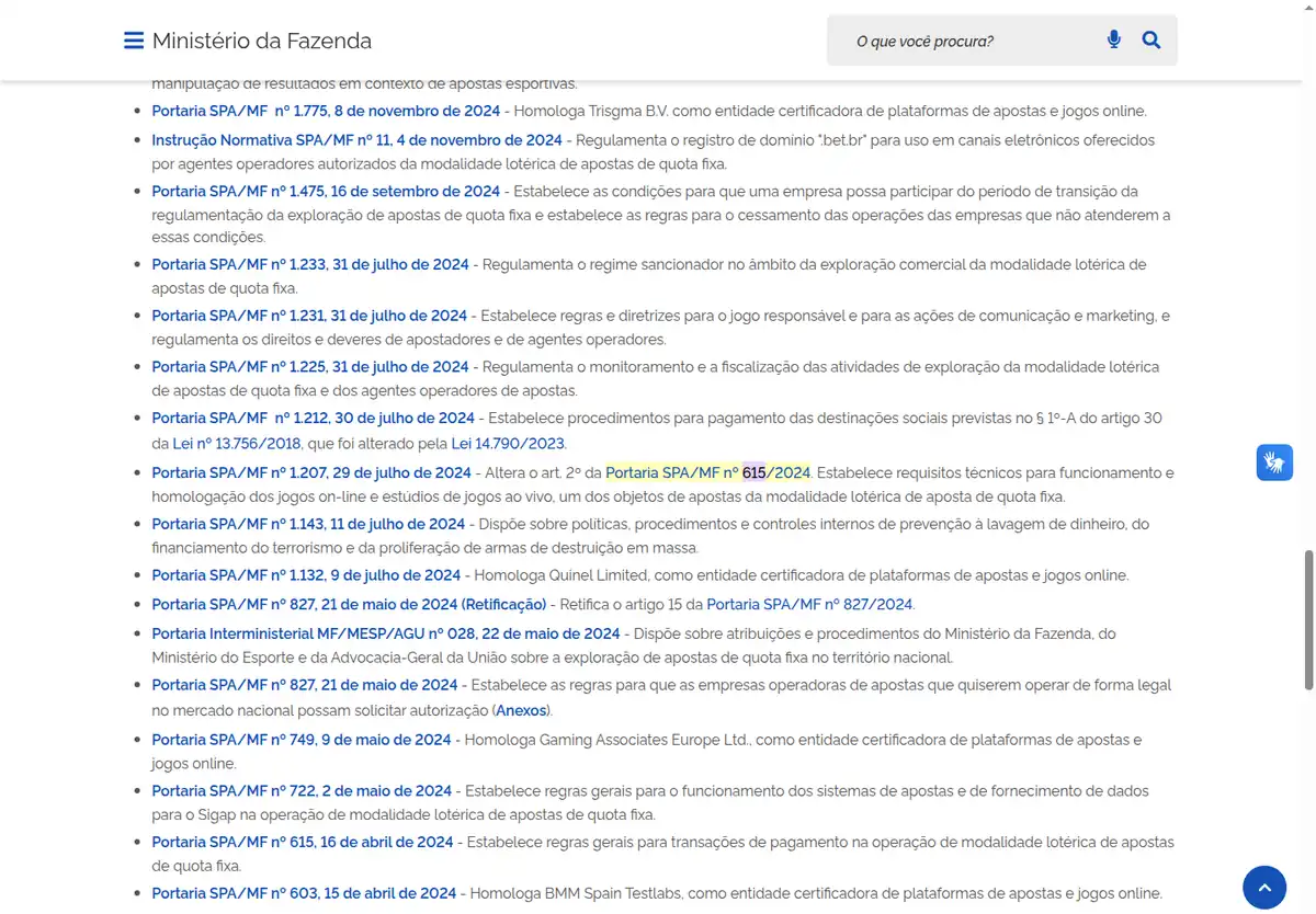 A página de legislação da Secretaria de Prêmios e Apostas do Ministério da Fazenda, listando as portarias da modalidade lotérica de apostas de quota fixa