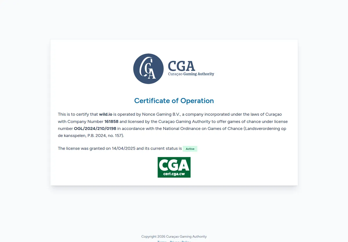 Certificado de operação da Curaçao Gaming Authority para wild.io