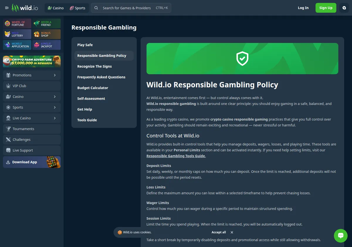 Página de política de jogo responsável da Wild.io, com os blocos de limites