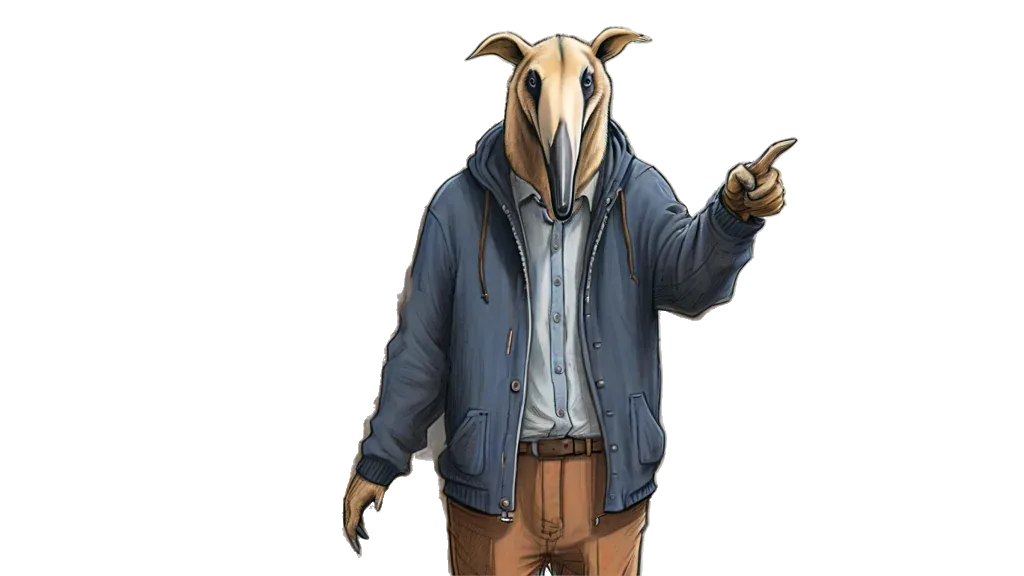 O tamanduá-tabelião em close, o personagem que representa este site